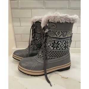 Mukluk Alexa Boots Women Size 6 Grey Lace-up‎ Fair Isle Knit Faux Fur Snow New